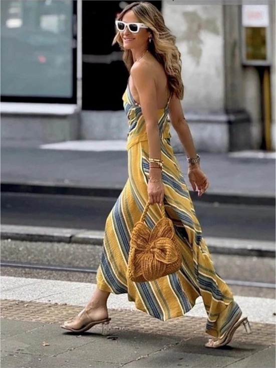 Zara Dresses & Skirts - Striped Midi Dress in Yellow & Blue Size Medium